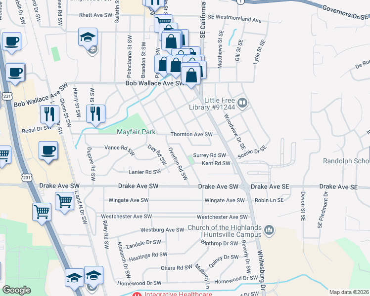 map of restaurants, bars, coffee shops, grocery stores, and more near 2711 Hastings Road Southwest in Huntsville
