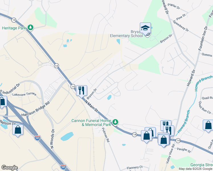 map of restaurants, bars, coffee shops, grocery stores, and more near Pine Court in Fountain Inn