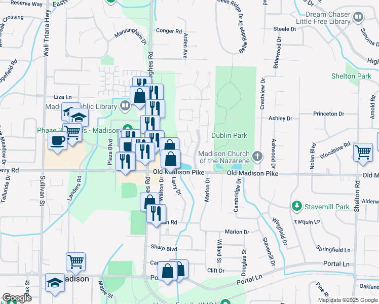 map of restaurants, bars, coffee shops, grocery stores, and more near 249 Waters Edge Lane in Madison