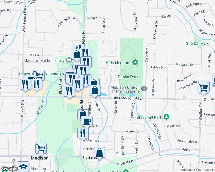 map of restaurants, bars, coffee shops, grocery stores, and more near 120 Millstone Lane in Madison