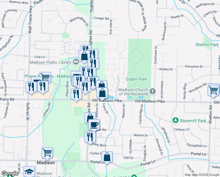 map of restaurants, bars, coffee shops, grocery stores, and more near 249 Waters Edge Lane in Madison
