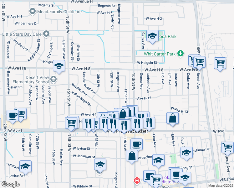 map of restaurants, bars, coffee shops, grocery stores, and more near 1133 West Avenue H-11 in Lancaster