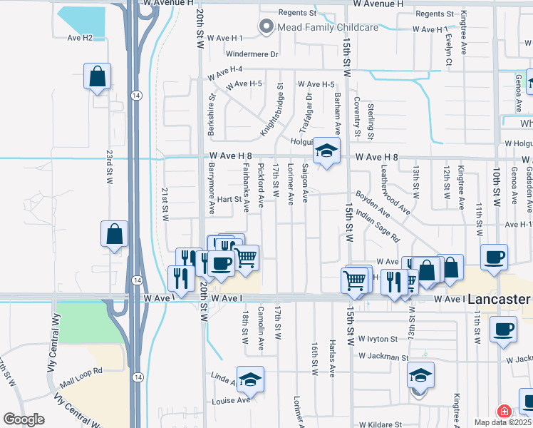 map of restaurants, bars, coffee shops, grocery stores, and more near 45418 Pickford Avenue in Lancaster