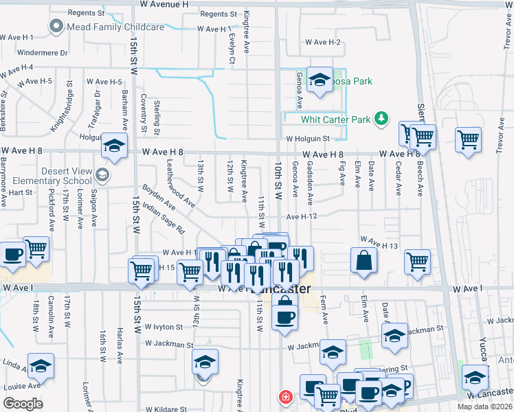 map of restaurants, bars, coffee shops, grocery stores, and more near 45417 11th Street West in Lancaster