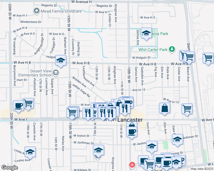 map of restaurants, bars, coffee shops, grocery stores, and more near 1202 West Avenue H 11 in Lancaster