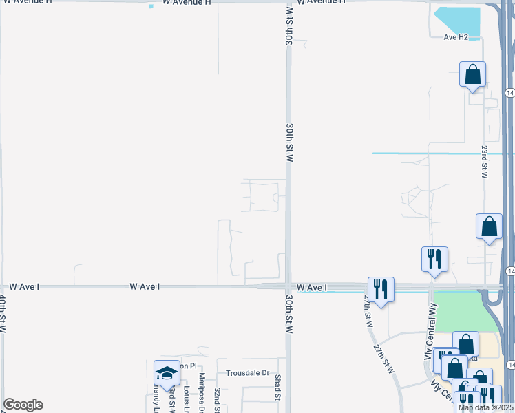 map of restaurants, bars, coffee shops, grocery stores, and more near 45415 30th Street West in Lancaster