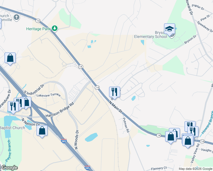 map of restaurants, bars, coffee shops, grocery stores, and more near 1318 North Main Street in Fountain Inn