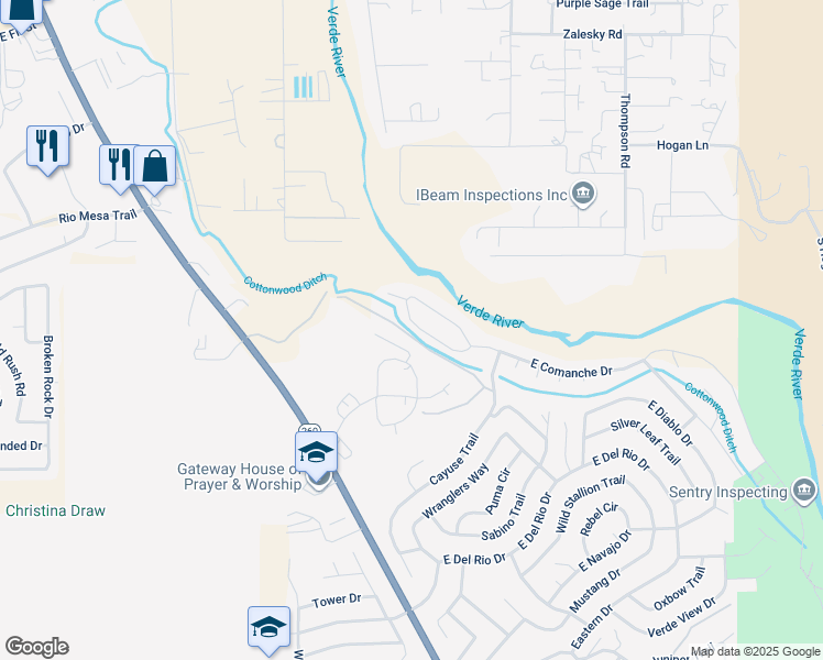 map of restaurants, bars, coffee shops, grocery stores, and more near 3697 East Comanche Drive in Cottonwood