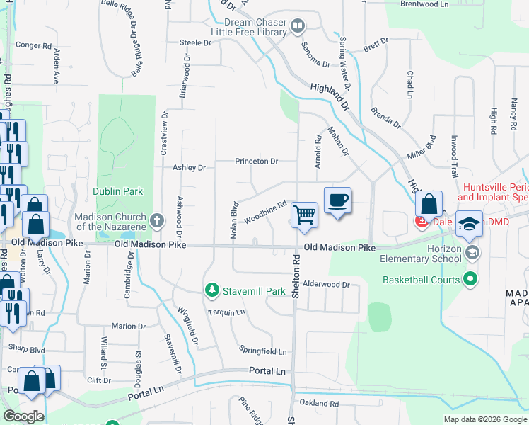 map of restaurants, bars, coffee shops, grocery stores, and more near 1103 Woodbine Road in Madison