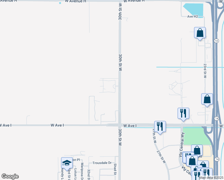 map of restaurants, bars, coffee shops, grocery stores, and more near 45431 30th Street West in Lancaster