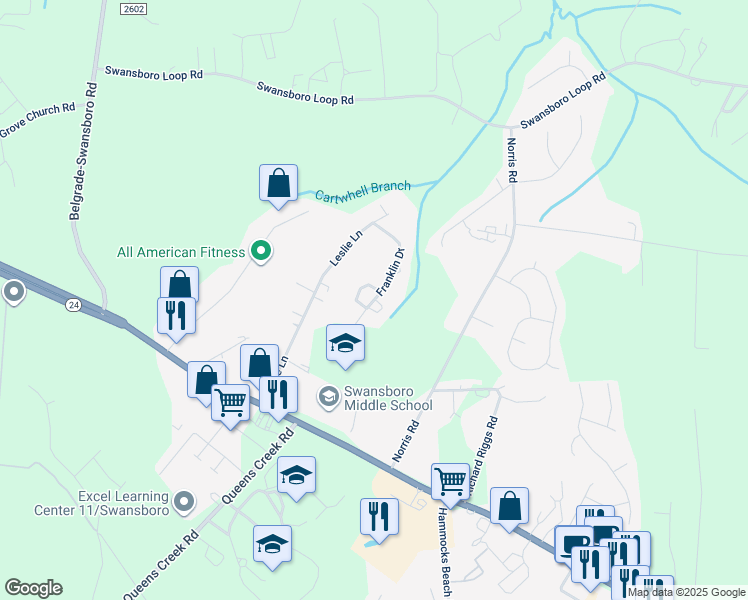 map of restaurants, bars, coffee shops, grocery stores, and more near 144 Franklin Drive in Swansboro