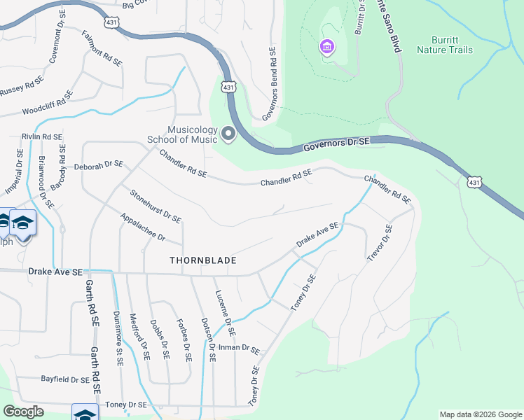 map of restaurants, bars, coffee shops, grocery stores, and more near 1233 Deborah Drive Southeast in Huntsville