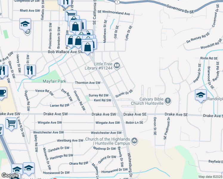 map of restaurants, bars, coffee shops, grocery stores, and more near 104 Garland Avenue Southeast in Huntsville