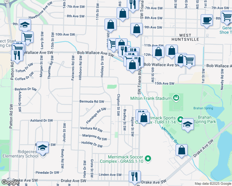 map of restaurants, bars, coffee shops, grocery stores, and more near 2815 Holiday Drive Southwest in Huntsville