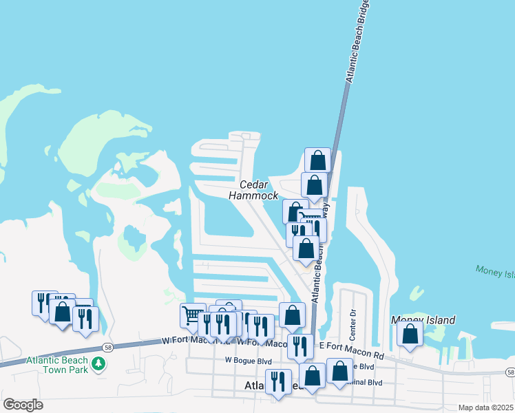 map of restaurants, bars, coffee shops, grocery stores, and more near 232 Old Causeway Rd in Atlantic Beach