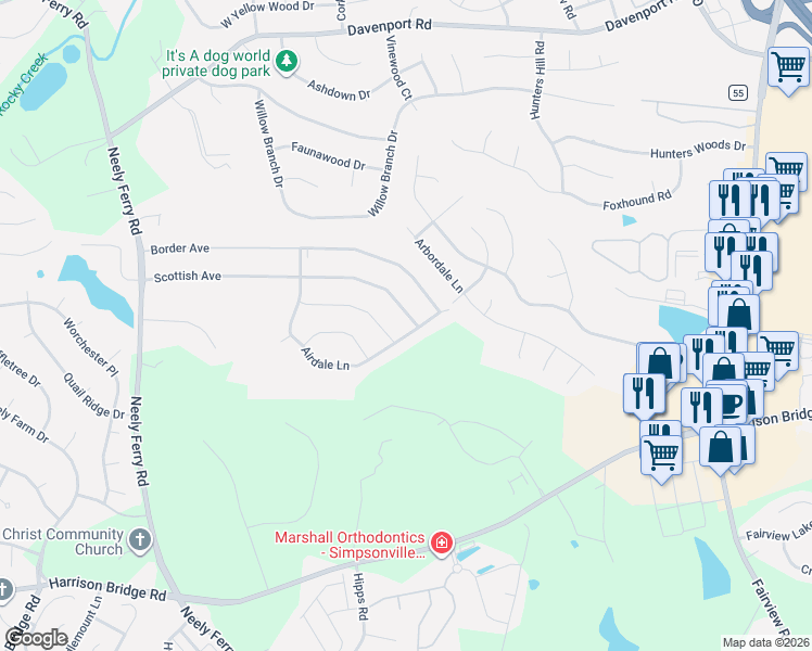 map of restaurants, bars, coffee shops, grocery stores, and more near 247 Scottish Avenue in Simpsonville