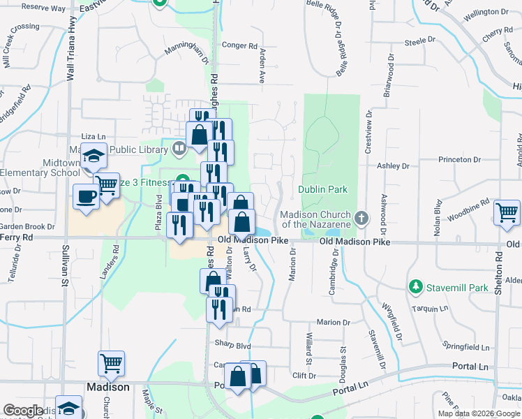 map of restaurants, bars, coffee shops, grocery stores, and more near 249 Waters Edge Lane in Madison