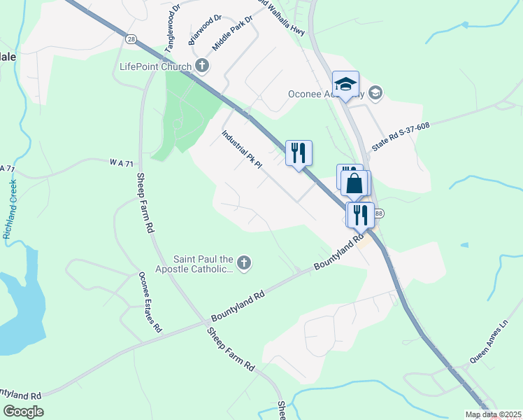 map of restaurants, bars, coffee shops, grocery stores, and more near 134 Camelot Drive in Seneca