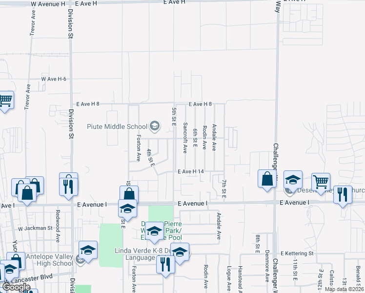 map of restaurants, bars, coffee shops, grocery stores, and more near 45423 Sancroft Avenue in Lancaster