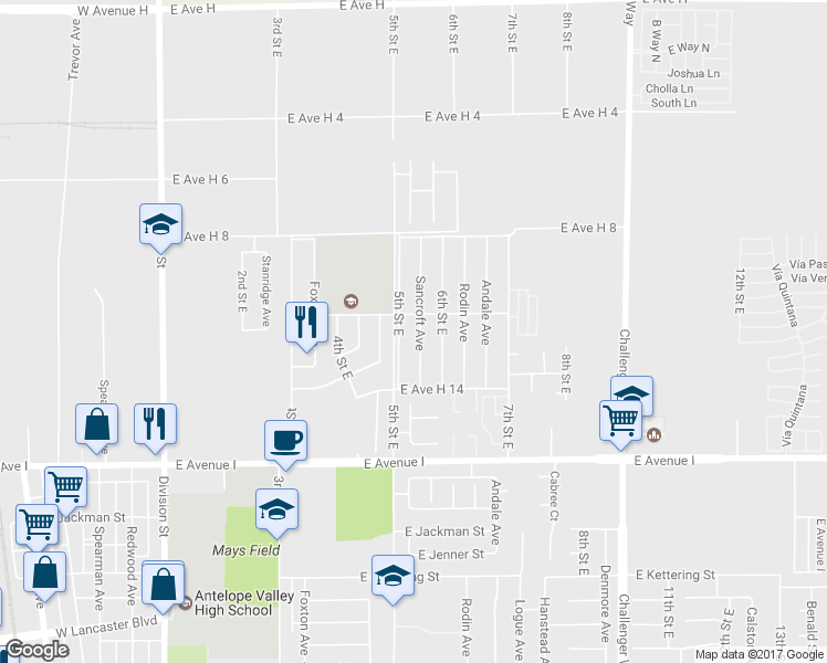 map of restaurants, bars, coffee shops, grocery stores, and more near 45423 Sancroft Avenue in Lancaster