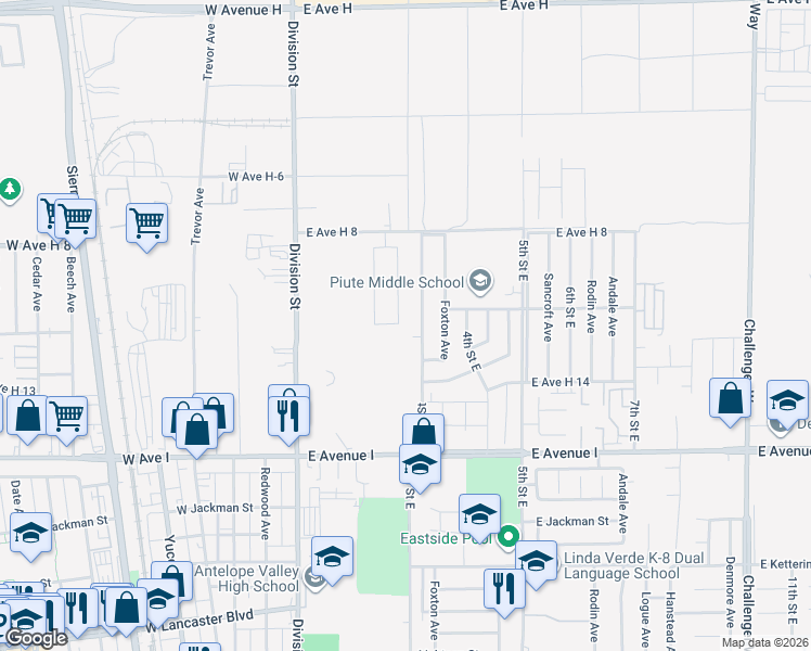 map of restaurants, bars, coffee shops, grocery stores, and more near 45429 Stanridge Avenue in Lancaster