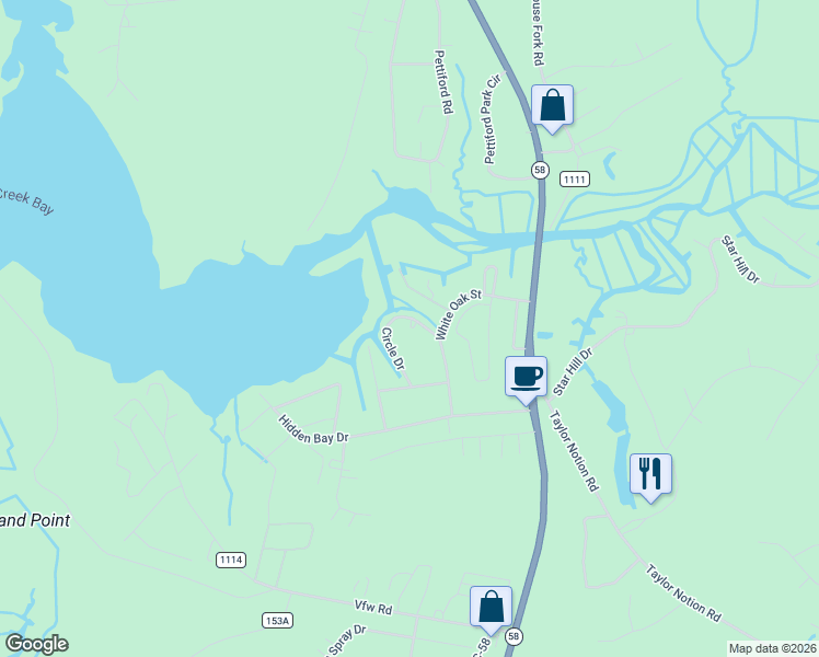 map of restaurants, bars, coffee shops, grocery stores, and more near 131 Circle Drive in Swansboro