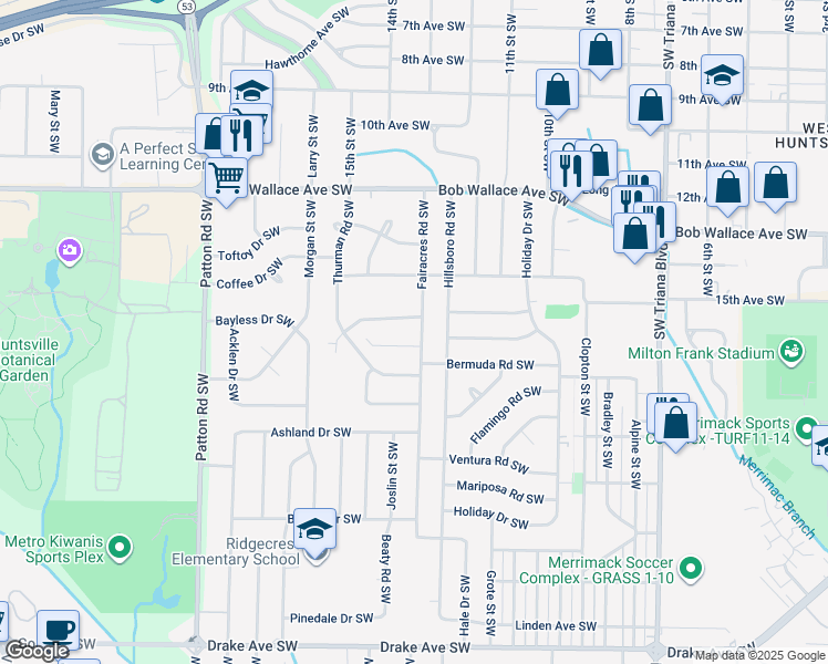 map of restaurants, bars, coffee shops, grocery stores, and more near 3002 Fairacres Road Southwest in Huntsville