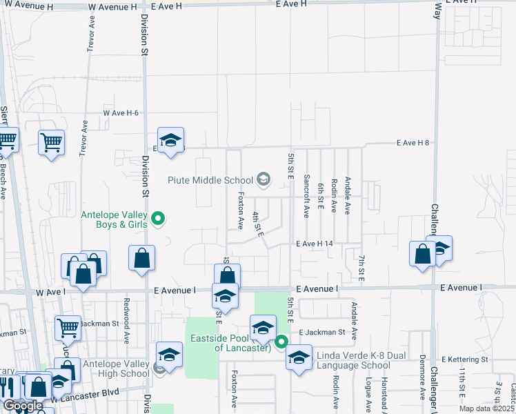 map of restaurants, bars, coffee shops, grocery stores, and more near 45434 4th Street East in Lancaster