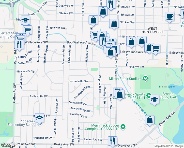 map of restaurants, bars, coffee shops, grocery stores, and more near 2815 Holiday Drive Southwest in Huntsville