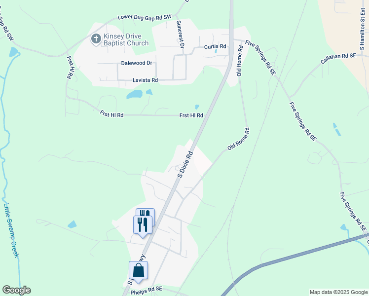map of restaurants, bars, coffee shops, grocery stores, and more near 3210 South Dixie Highway in Dalton