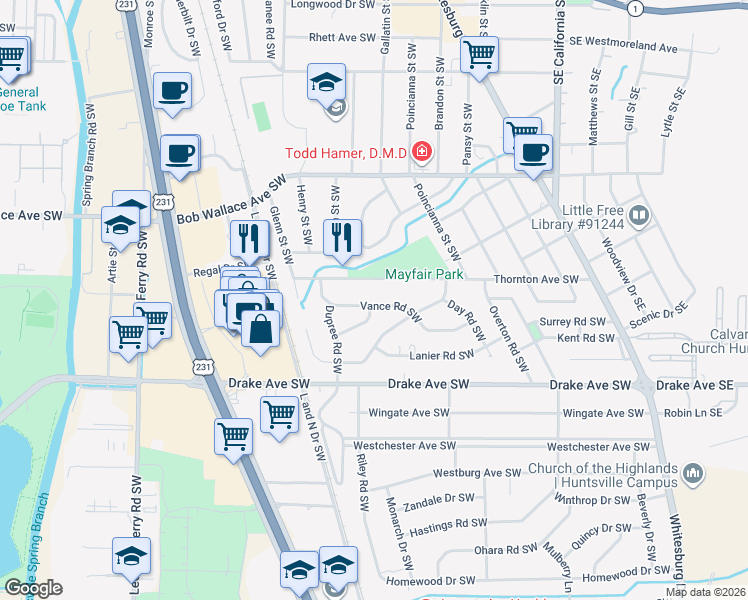 map of restaurants, bars, coffee shops, grocery stores, and more near 610 Vance Road Southwest in Huntsville