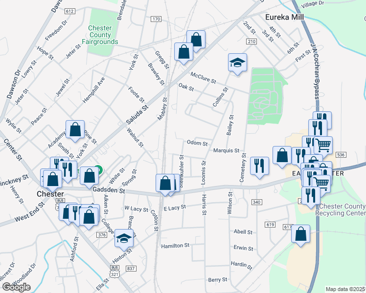 map of restaurants, bars, coffee shops, grocery stores, and more near 134 Steinkuhler Street in Chester
