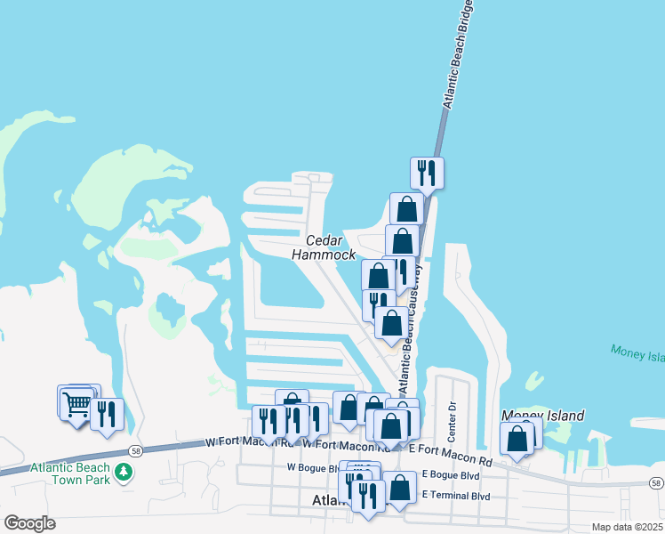 map of restaurants, bars, coffee shops, grocery stores, and more near 232 Old Causeway Rd in Atlantic Beach