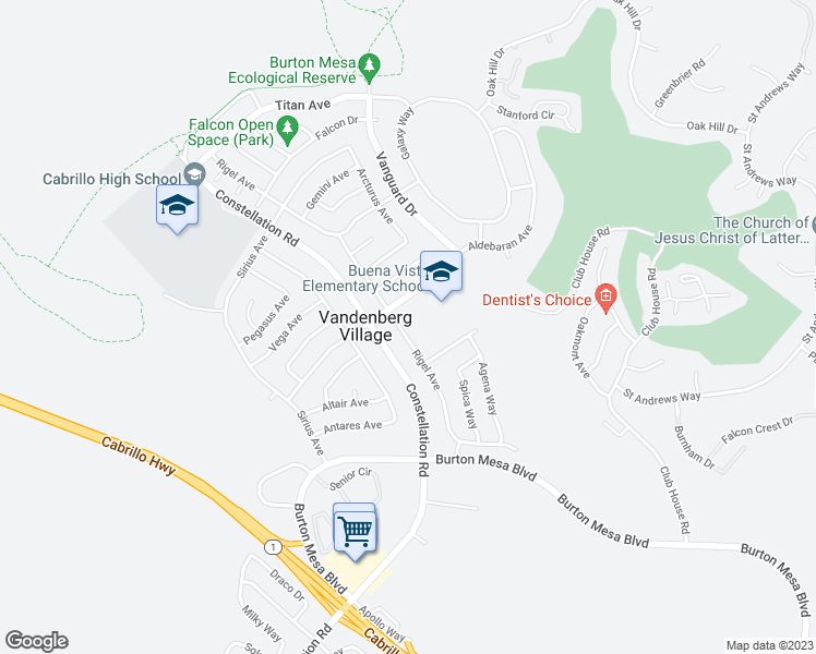 map of restaurants, bars, coffee shops, grocery stores, and more near 4063 Rigel Avenue in Lompoc