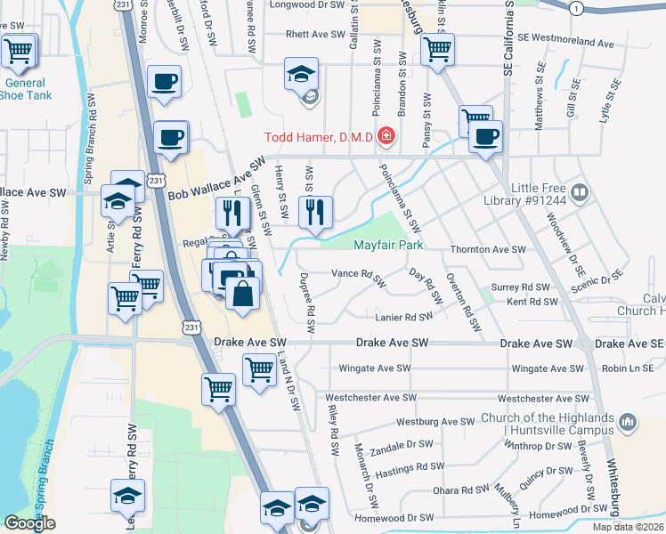 map of restaurants, bars, coffee shops, grocery stores, and more near 610 Vance Road Southwest in Huntsville
