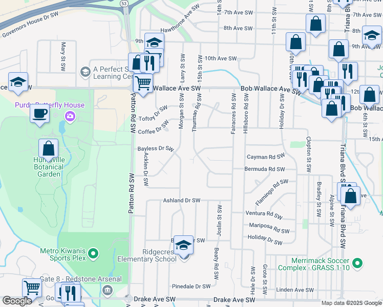 map of restaurants, bars, coffee shops, grocery stores, and more near 2914 Thurman Road Southwest in Huntsville