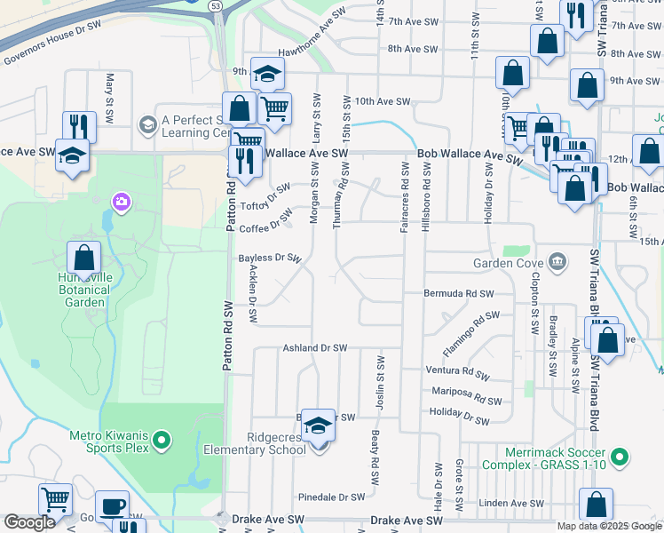 map of restaurants, bars, coffee shops, grocery stores, and more near 2916 Thurman Road Southwest in Huntsville