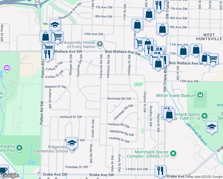 map of restaurants, bars, coffee shops, grocery stores, and more near 3523 Bluegrass Road Southwest in Huntsville