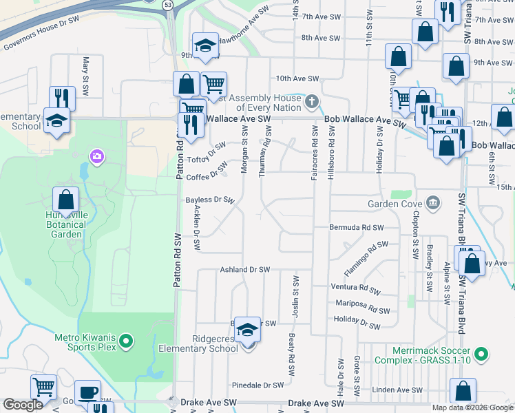 map of restaurants, bars, coffee shops, grocery stores, and more near 2914 Thurman Road Southwest in Huntsville