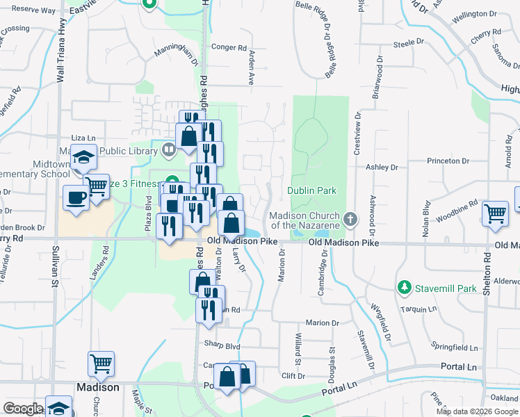 map of restaurants, bars, coffee shops, grocery stores, and more near 249 Waters Edge Lane in Madison
