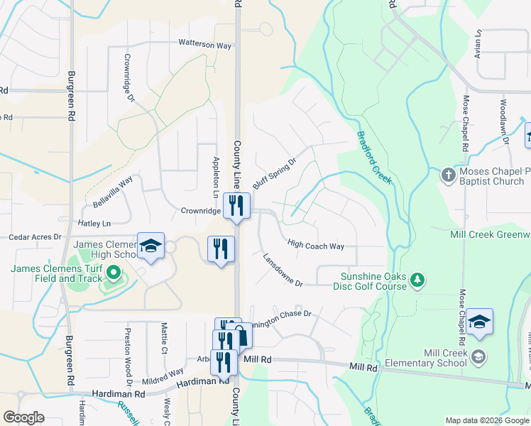map of restaurants, bars, coffee shops, grocery stores, and more near 100 Bluff Spring Drive in Madison
