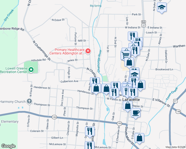map of restaurants, bars, coffee shops, grocery stores, and more near 209 North Chattanooga Street in LaFayette