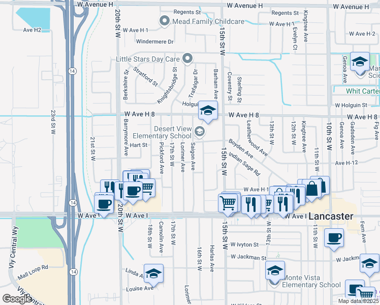 map of restaurants, bars, coffee shops, grocery stores, and more near 45449 Saigon Avenue in Lancaster