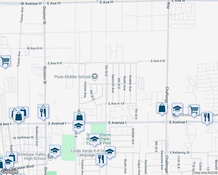 map of restaurants, bars, coffee shops, grocery stores, and more near 45437 Sancroft Avenue in Lancaster