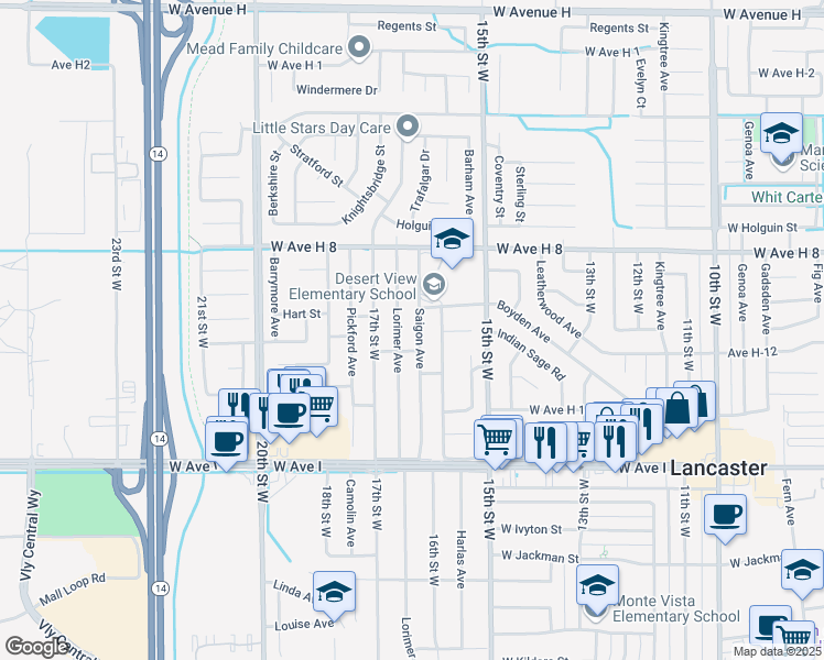 map of restaurants, bars, coffee shops, grocery stores, and more near 45449 Saigon Avenue in Lancaster