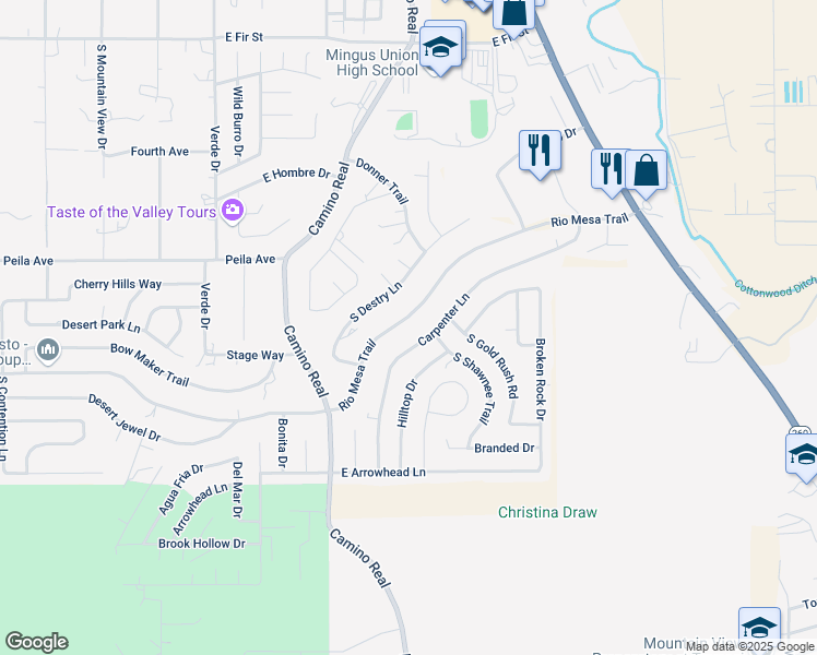 map of restaurants, bars, coffee shops, grocery stores, and more near 1933 Rio Mesa Trail in Cottonwood