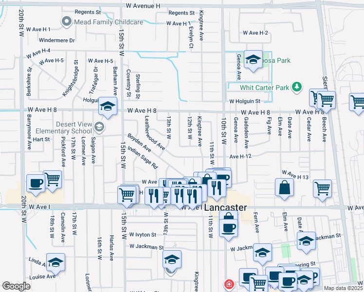 map of restaurants, bars, coffee shops, grocery stores, and more near West Avenue H-11 in Lancaster