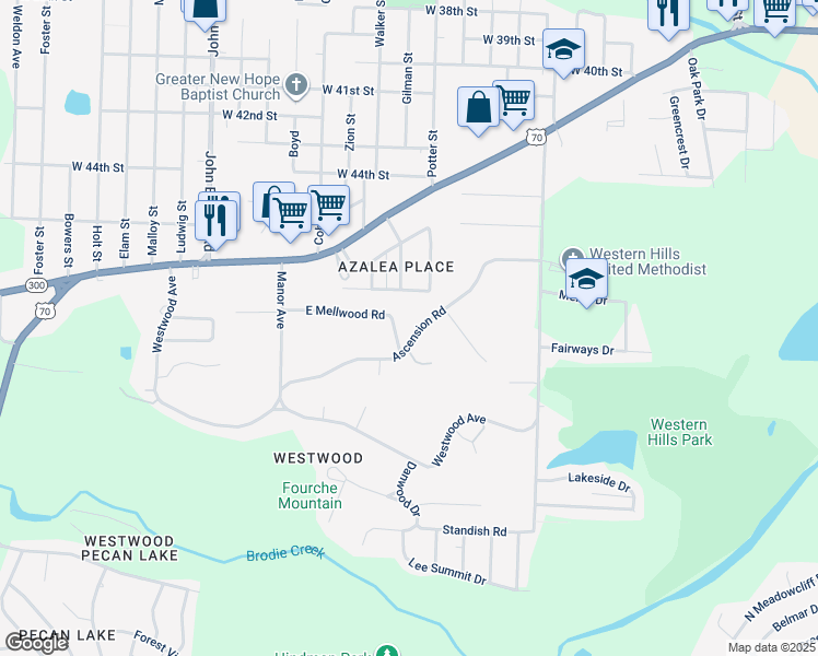 map of restaurants, bars, coffee shops, grocery stores, and more near 8012 Ascension Road in Little Rock