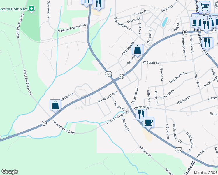 map of restaurants, bars, coffee shops, grocery stores, and more near 1107 West Main Street in Union