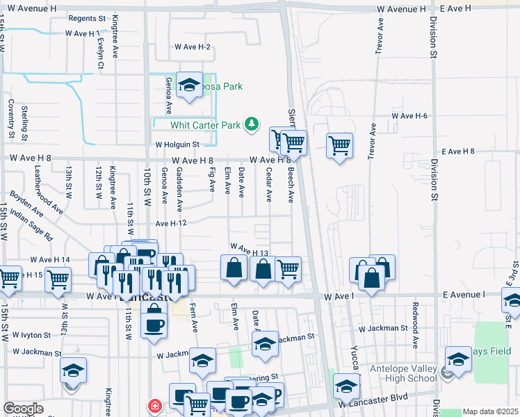 map of restaurants, bars, coffee shops, grocery stores, and more near 45414 Corkwood Avenue in Lancaster